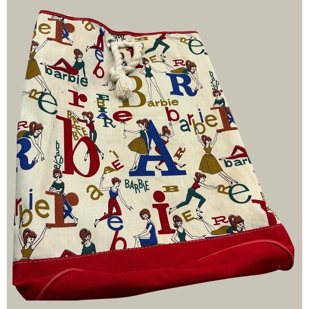 Vintage 1964 Barbie Canvas Bucket Bag Retro Drawstring Alphabet Print Red